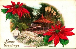 California Christmas Greetings Winter Scene Lady &amp;  Poinsettia Embossed Postcard - £3.08 GBP