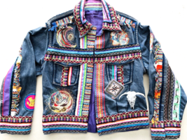 Womens Jeans Jacket Artist Decorated Embroidery Lined Vintage 1970s OOAK Signed - £330.45 GBP