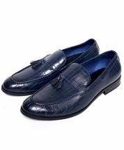 Handmade Men&#39;s Genuine Blue Calf Leather Crocodile Print Loafers &amp; Slip On Shoes - £115.07 GBP