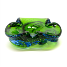 Vintage Blue Green Art Glass Folded Edge Ashtray Bowl Bullicante Control... - £34.80 GBP