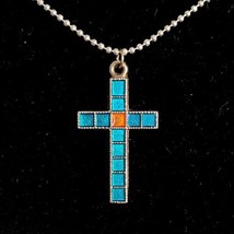 Turquoise Enamel Crucifix Pendant On Ball Chain Necklace Adjustable 18”-20” - £17.26 GBP