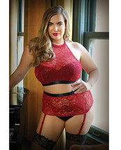 CURVE ARIA HALTER TOP HIGH WAIST GARTERED PANTY SET RED - £31.96 GBP