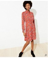 New Ann Taylor LOFT Red Floral Ruffle Long Sleeve Flowy Fit Flare Shirtdress 4 - $44.54
