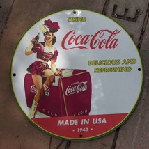 Vintage 1943 Coca-Cola Ice Cold Refreshing Soft Drink Porcelain Gas &amp; Oil Sign - £100.22 GBP