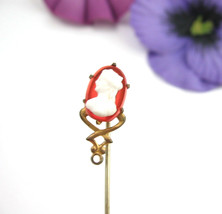 GLASS CAMEO Stick Pin Vintage STICKPIN Brooch White Orange Oval Goldtone... - $16.99
