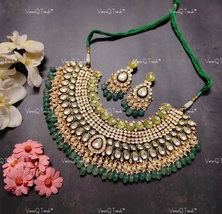 VeroniQ Trends-Bridal Gold Plated Pachi Kundan Choker Necklace with Green Beads - £278.58 GBP