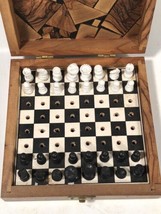 Vintage 50s Israel Pressed Inlay Wood Veneer Inlaid Wooden Mini Travel Chess Set - £54.31 GBP