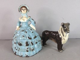 Lot of Vintage Cast Iron Victorian Lady Door Stopper &amp; Dog Paper Weight E856 - £39.47 GBP