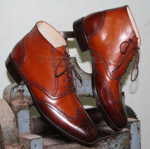 Handmade Men&#39;s Leather High Ankle Two Tone Brown Burnished Brogue Toe Boots-585 - $256.49