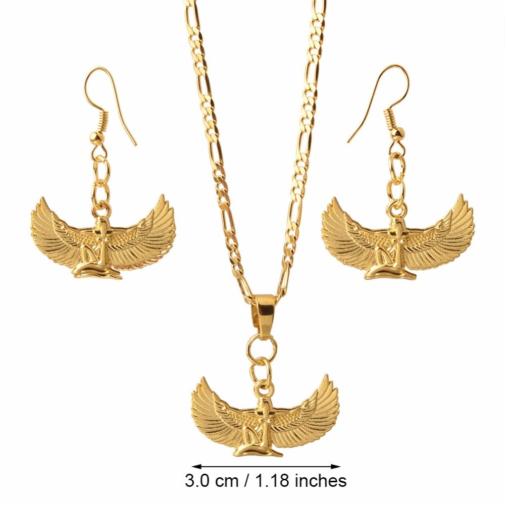 Primary image for Anniyo Fab Egyptian Goddess Necklace Earrings sets Gold Color Wing Necklace Ankh