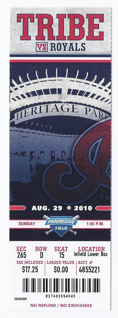 Primary image for 2010 Royals @ Indians Full Unused Ticket August 29th Progressive Field