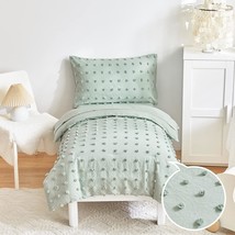 4 Piece Tufted Dots Toddler Bedding Set Solid Green Jacquard Pom Pom Tuf... - $54.99