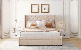 Queen Size Storage Bed Velvet Upholstered Platform Bed with Wingback - Beige - £296.27 GBP