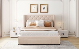 Queen Size Storage Bed Velvet Upholstered Platform Bed with Wingback - Beige - £297.20 GBP