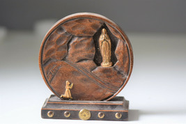 ⭐French antique religious decoration, carved wood cave of Lourdes, bronze Virgin - £35.61 GBP