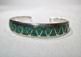 Vintage Sterling Silver Navajo Turquoise Chip Inlay Cuff Bracelet K507 - £94.23 GBP