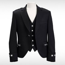 Argyll Jacket Doublet Cuffs Black With 5 Button Waist Coat Regular Size - £68.88 GBP