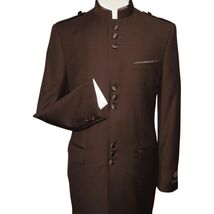 Mens Apollo King Banded Collarless suit Chinese Mandarin Wide leg AG94 Brown image 2