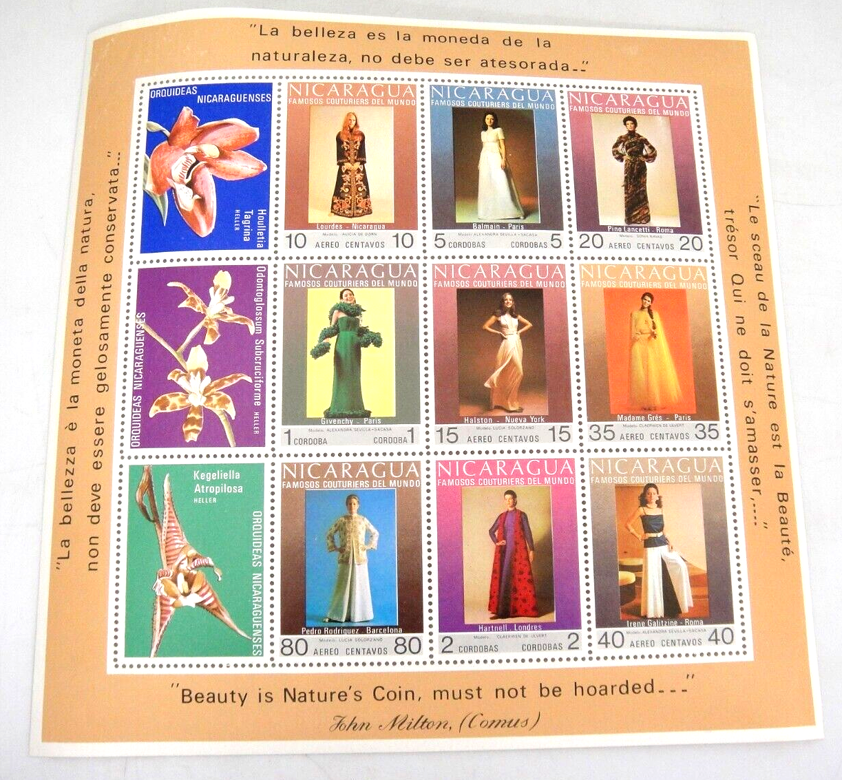 Primary image for Nicaragua Stamps Gowns by Famous Designers and Flowers Mini Sheet 1973 Beauty