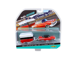 1957 Chevrolet Bel Air w Alameda Trailer Red Tow & Go 1/64 Diecast Model Maisto - £20.62 GBP