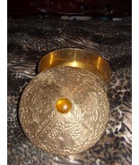 Vintage Round Brass Box  / Amber Jewel - $34.00