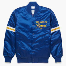 Vintage 80s NFL Los Angeles Rams Baseball Bomber Letterman Blue Satin Jacket - £83.81 GBP