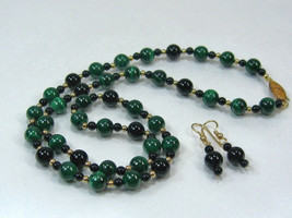 Vintage Handcraft Gemstone Bl. Onyx Malachite Beads Necklace Earring Set  24&quot; - £23.69 GBP