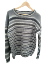 Handmade Sweater Pullover L Mens Wool Striped Gray White Black Knit Jumper - £81.36 GBP