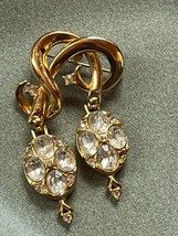 Vintage Curlicue Goldtone w Two Clear Rhinestone Encrusted Oval Dangles ... - £18.95 GBP