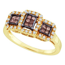 14k Yellow Gold Womens Princess Brown Color Enhanced Diamond Triple Cluster Ring - £530.45 GBP