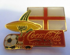 Coca-Cola World Cup 84 Soccer with Mascot Holding Denmark Flag Lapel Pin - $3.47