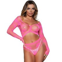 Wide Net Floral Cami Crop Top Booty Shorts Set Sheer Long Sleeves Hot Pink 2153 - £19.45 GBP
