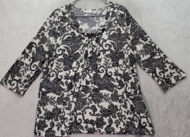 Susan Graver Blouse Top Women&#39;s Medium Black White Floral Long Sleeve Round Neck - £11.11 GBP