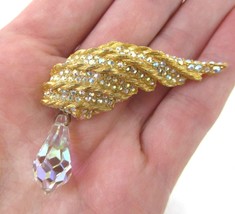 Vintage Gold Rhinestone Angel Wing Brooch Faceted Crystal Teardrop vinta... - £13.36 GBP