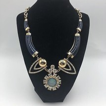 Statement Necklace Navy Blue Goldtone Crystals and Aqua Center Stone Women&#39;s - £22.89 GBP