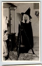 Halloween Postcard Real Photo Witch Girl Broom Cauldron RPPC Vintage Unposted - £76.26 GBP