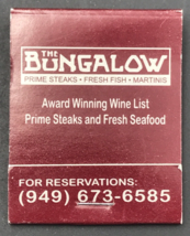 Bungalow Restaurant Steak Seafood Matchbook Corona Del Mar CA Full 20 Un... - £7.58 GBP