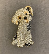 Crystal Puppy Dog Brooch with Clear &amp; Black Stones and Gold Tone - £15.54 GBP