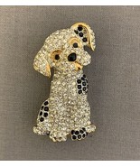 Crystal Puppy Dog Brooch with Clear &amp; Black Stones and Gold Tone - £15.44 GBP