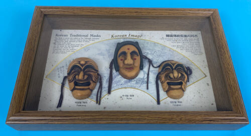 Korean Traditional Masks in Wooden Shadow Box Paek Jong, Bune, Yangban - $15.88