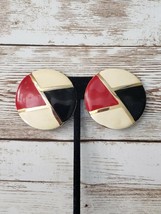 Vintage Clip On Earrings Black, Cream, Red, &amp; Gold Tone Circle - £11.87 GBP
