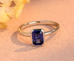 2Ct Emerald Cut Simulated Blue Sapphire Engagement Ring 14K White Gold Plated - £44.00 GBP