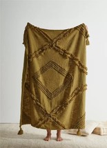Handmade Tufted Tassel Blanket Throw in Olive Green Cotton Hand Dyed TuftedThrow - £45.16 GBP