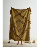 Handmade Tufted Tassel Blanket Throw in Olive Green Cotton Hand Dyed Tuf... - £45.14 GBP