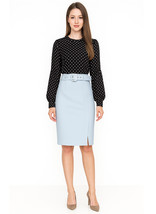 Queen Mary of Denmark Inspired Black Polka Dot Blouse &amp; Blue Belted Penc... - $129.99