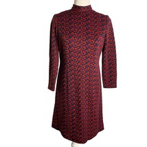 Vintage 60s Wool Blend Mod Sheath Dress S Red Blue Geometric High Neck L... - £72.98 GBP
