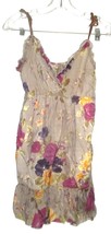 Tan Halter Dress Sz Small with Pink &amp; Yellow Roses Floral Print Braided Straps - £17.77 GBP