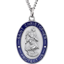 Sterling Silver Saint Christopher Medal Necklace with Blue Enamel - £179.04 GBP