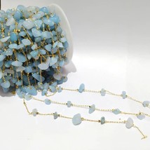 Aqua Blue Stone Beads Gunthan Chain 1 Mtr Gold Plated - £15.64 GBP