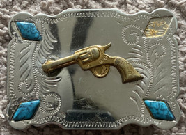 Pistol Six Shooter Gun Belt Buckle Nickel Silver Gold T Turquoise Wester... - £15.63 GBP